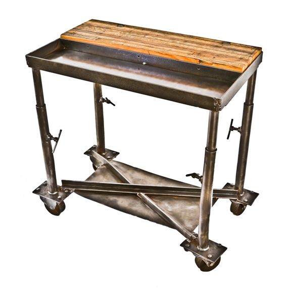 unique well-constructed depression era american antique industrial mobile chicago factory work table or cart with recessed tool or parts tray and cast iron casters