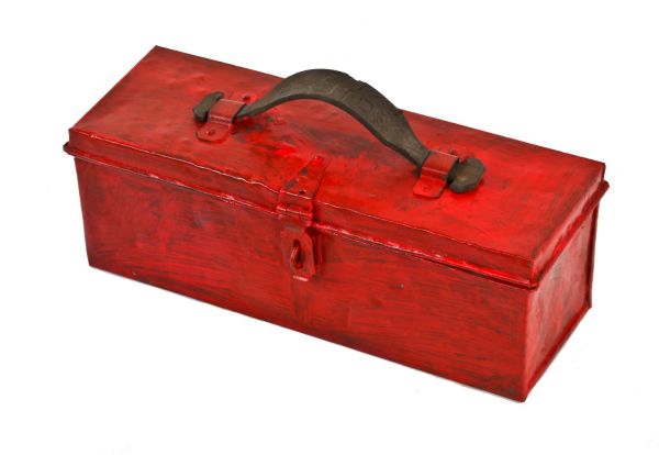 c. 1930's american industrial red painted portable factory machinist handheld hinged door galvanized steel diminutive toolbox with signed leather handle