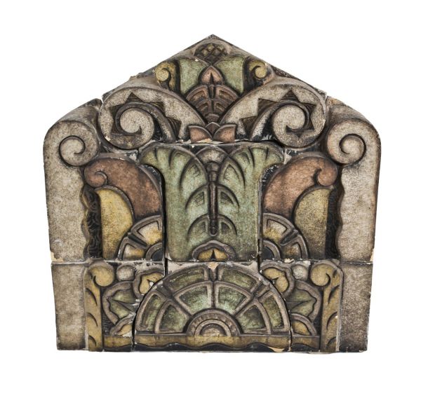 massive original and one of a kind museum quality "roaring twenties" art deco style richman brothers exterior polychrome enameled centrally located terra cotta cornice panel 
