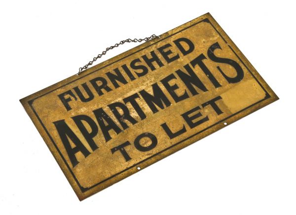 nicely made all original thick stamped yellow brass hanging "furnished apartment" single-sided sign from a single-room occupancy chicago skid row hotel 