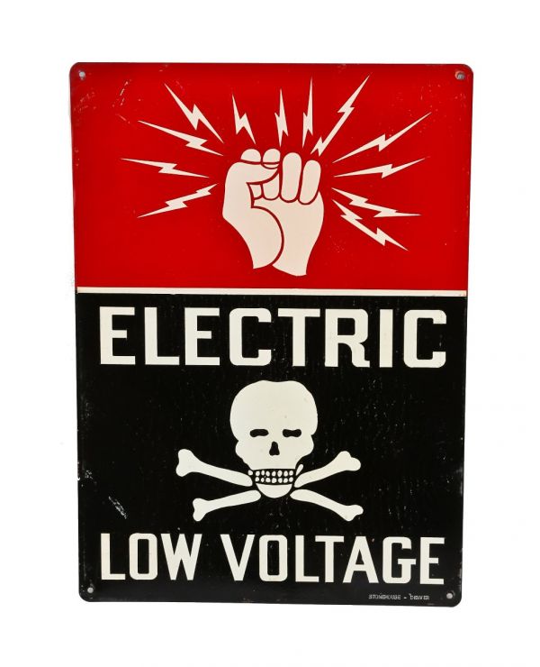 hard to find c. 1940's original and vibrantly colored single-sided stamped steel "low voltage" cautionary or danger sign with skull & crossbones