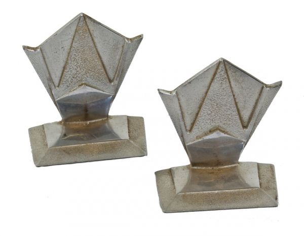 matching set of original c. 1920's american diminutive machine age chrome-plated strongly geometric designed ornamental cast iron art deco bookends