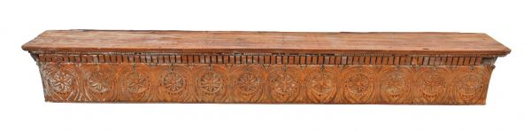 well-designed hand carved c. 19th century original richardsonian romanesque style flaming birch wood fireplace mantle shelf and frieze with detailed floral motifs 