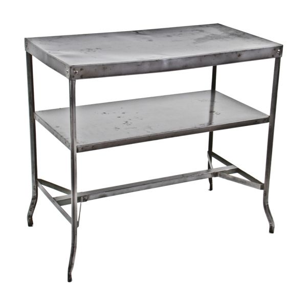 refinished c. 1920's american antique medical four-legged pressed and folded riveted joint steel two-tier hospital operating room "dressings" preparation side table