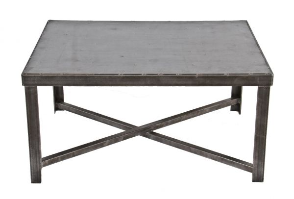 oversized c. 1940's repurposed american vintage industrial brushed and sanded bare metal four-legged stationary coffee table reinforced with cross-bracing