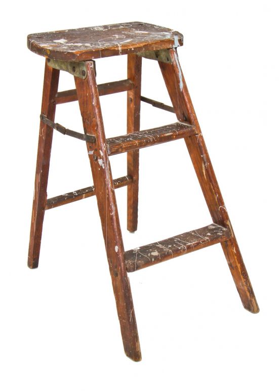 original c. 1930's american antique industrial weathered and worn diminutive pine wood folding step ladder with fully functional pivoting steel brackets or hinges