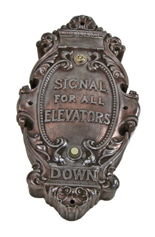 unusually large all original copper-plated early 20th century ornamental cast iron hotel sherman (demolished) wall-mount elevator push button call box 