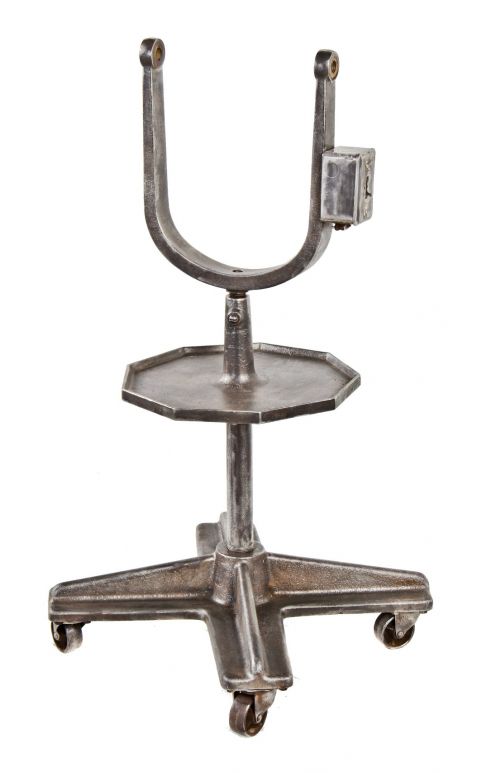unique c. 1930's american antique industrial meat and/or poultry processing cast iron machine base or stand with intact patented perforated bassick swivel casters