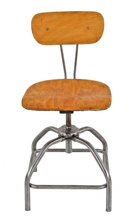 completely refinished adjustable height american vintage industrial "krueger" four-legged laboratory stool with original maple wood saddle seat and backrest