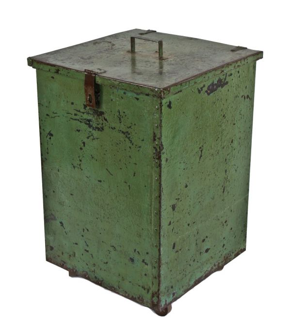 c. 1920's all original custom-built riveted joint cold-rolled steel mobile factory hinged top storage bin with functional casters and lockable hasp