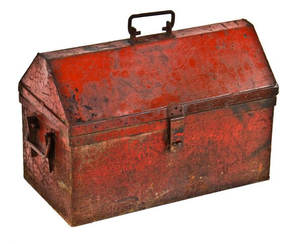 original antique american c. 1920's industrial oversized pressed and folded heavy gauge pressed and folded steel pyramidal-shaped top toolbox or chest with old red paint finish 
