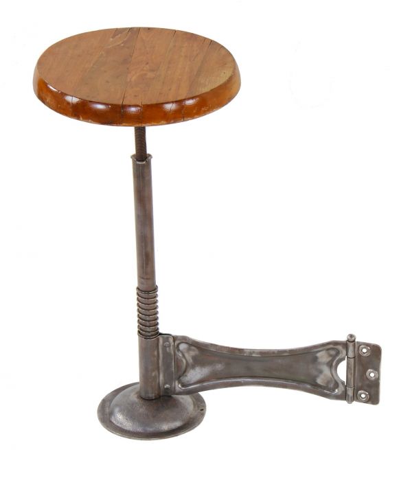 early 20th century unique adjustable height hinged lightweight american industrial elevator cab operator stool with original bracket and solid maple wood seat