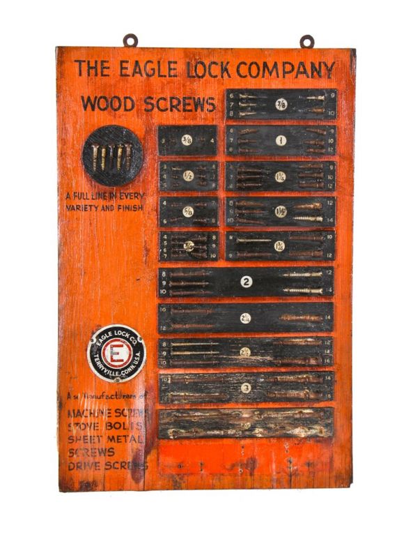 rare c. 1920's or possibly, 1930's american antique industrial wall-mount brightly colored eagle lock company hardware store wall-mount wood screw advertising display board