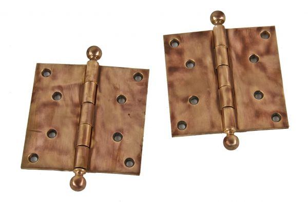 matching set of heavy duty antique american solid cast bronze "vassar" loose pine interior residential passage door hinges with ball-shaped finials