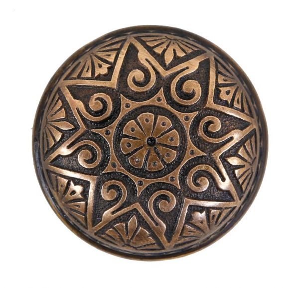 19th century original banded rim antique american ornamental cast brass dome-shaped residential passage size doorknob with eight-sided star design motif