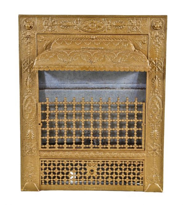 original and intact late 19th century antique american victorian era metallic gold enameled interior residential fireplace "lion" gas insert or grate with distinctive protruding hood