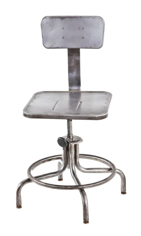 completely refinished fully functional vintage american adjustable height bent tubular steel four-legged factory machinist stool with heel ring and backrest
