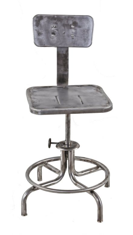 c. 1950's vintage american adjustable height industrial brushed and sanded factory machine shop stationary stool with intact tilting backrest