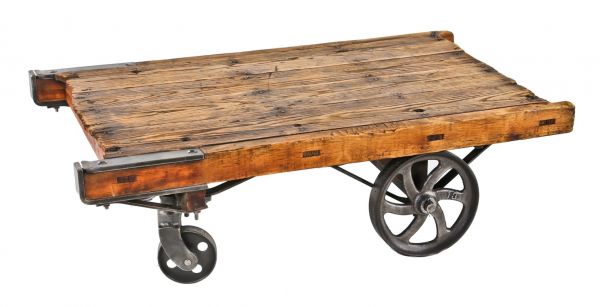 refinished late 19th century original and fully functional american antique industrial mobile oak wood factory furniture cart with spoked casters