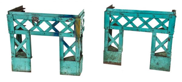 remarkably heavy duty c. 1930's american industrial riveted joint factory welding table steel truss bases with diagonal bracing and lightly cleaned old green paint finish
