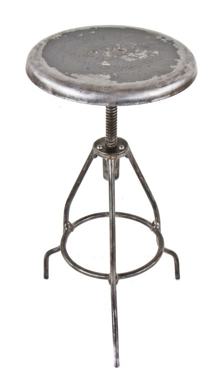 original early 20th century brushed and sanded bare metal antique american medical all welded-joint three-legged stationary operating room stool with original pressed and form seat