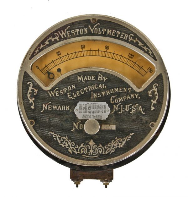 original turn of the century antique american industrial ornamental nickel-plated cast iron surface mount weston voltmeter with intact indicator arrow