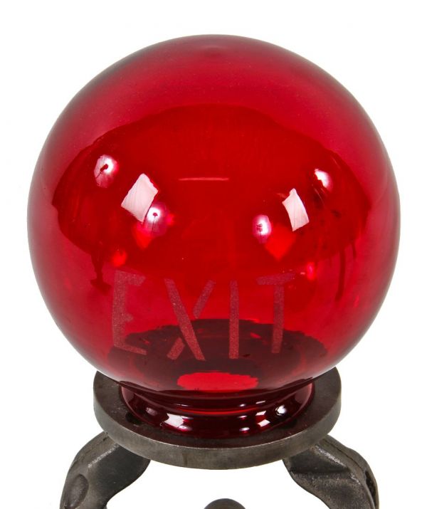 vibrant virtually flawless all original c. 1910 colored ruby red lightly etched interior vaudeville theater wall-mount exit lamp glass globe or shade 