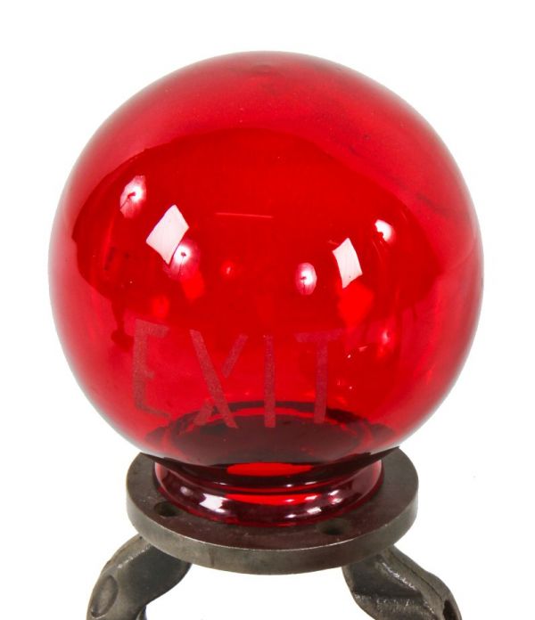 completely intact and original early 20th century bright ruby red glass interior vaudeville theater wall sconce exit light shade or globe with lightly etched lettering