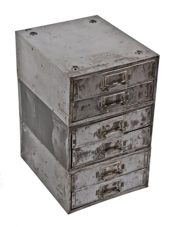 c. 1930's refinished american antique industrial six-drawer "union" pressed and folded steel diminutive factory workbench cabinet with intact pulls