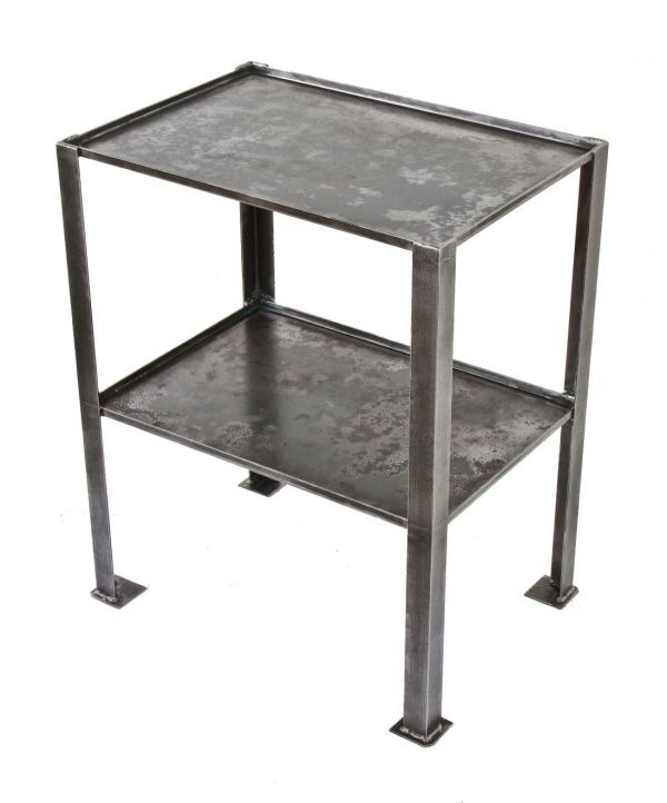 refinished c. 1930's american industrial brushed and sanded all-welded joint heavy gauge steel two-tier workstation or side table with square-shaped feet with rich brushed finish