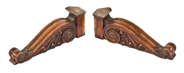 two matching largely intact original hand-carved varnished oak wood interior residential chicago mansion library room wall-mount brackets or corbels