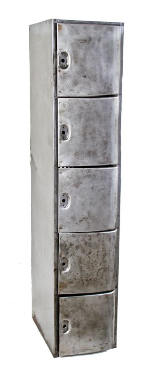 very sleek and streamlined original c. 1940's refinished brushed and sanded bare metal multi-compartment brunswick freestanding locker