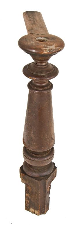 original and intact nicely turned and tapered c. 1870's solid walnut wood antique american salvaged  chicago commercial building staircase newel post with largely intact topmost detachable cap