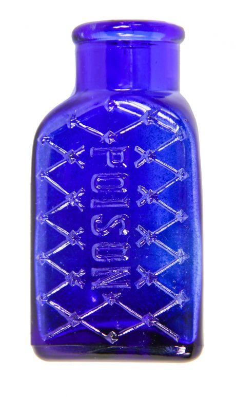 mint condition all original early twentieth century machine made deep cobalt blue 3-sided "poison" jar fabricated for the united drug company, of boston and st. louis