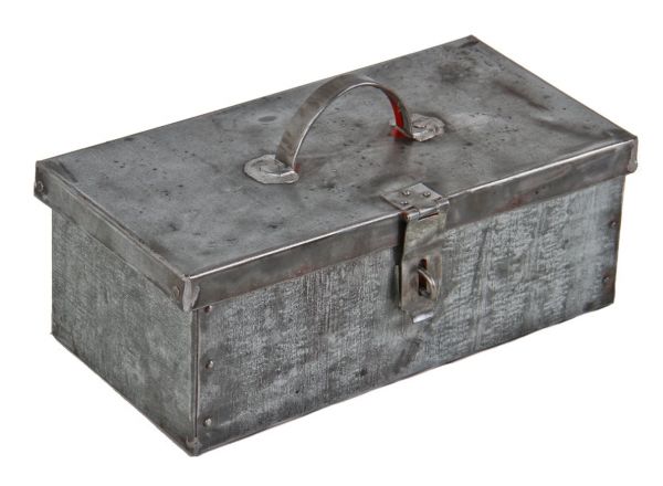 refinished c. 1930's vintage american industrial riveted joint pressed and folded galvanized steel workman's tool chest with lockable hasp