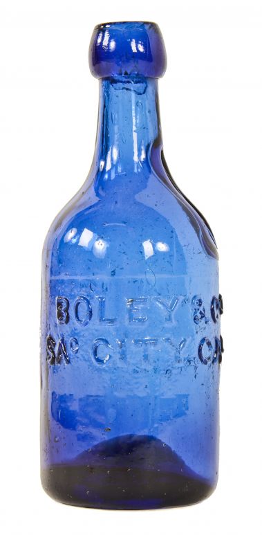 original early western gold rush era c. 1850's-1860's pontiled vibrant cobalt blue soda bottle manufactured in for addison boley in sacramento, california. 