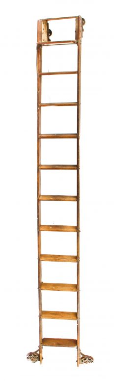 original and completely intact hard to find c. 1919 varnished oak wood mobile chicago hardware store rolling ladder with steel tracks included