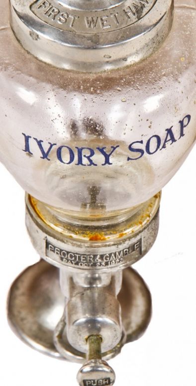 original and intact patented c. 1920's original american industrial upright hospital lavatory "ivory soap" art deco style dispenser with clear glass reservoir and chrome cap