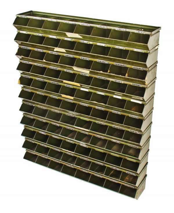 large lot of matching original c. 1930's antique american industrial heavily reinforced stackable hopper bins with the original green enameled finish intact
