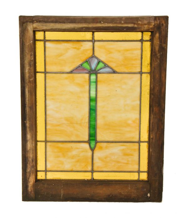 original early 1920's american craftsman style interior residential chicago bungalow stained glass window with centrally located abstract floral motif 