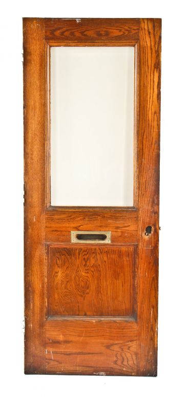 well-built original and intact interior c. 1897 varnished oak wood chicago two-flat vestibule door with original thick plate glass with beveled edges 