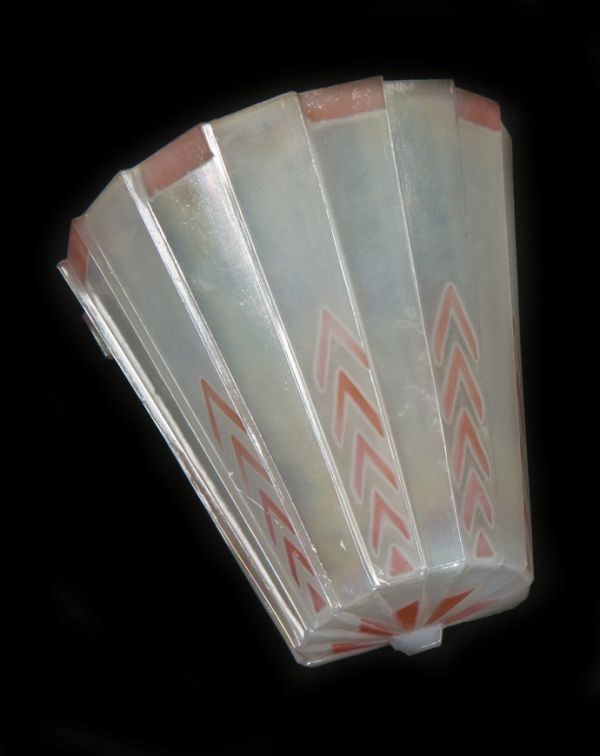 one of two matching rare and sought after patented wall-mount wall sconce art deco slip or "slipper" shade with a unique repeating chevron design motif