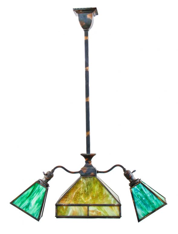 early 20th century l original interior rewired highly desirable oxidized copper-plated brass hotel ceiling fixture replete with variegated art glass pyramidal-shaped shades 