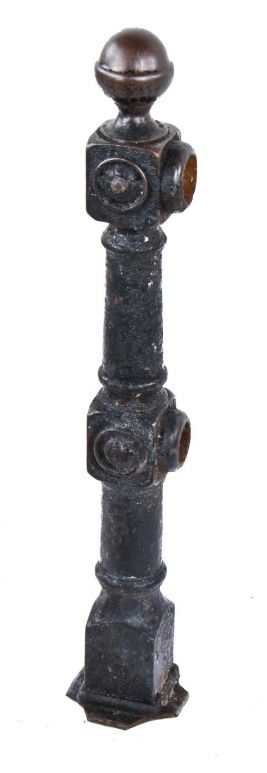 single original and largely intact c. 19th century antique american ornamental black enameled cast iron exterior residential staircase newel post with ball finial 