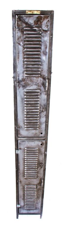 hard to find and highly sought after refinished cold-rolled sheet iron freestanding durand american factory locker with louvered doors and cast iron handles