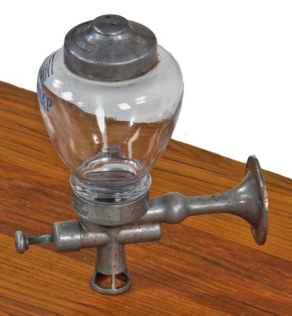patented c. 1920's original and intact wall-mount "ivory soap" glass and chrome lavatory soap dispenser with intact threaded cap and retractable plunger