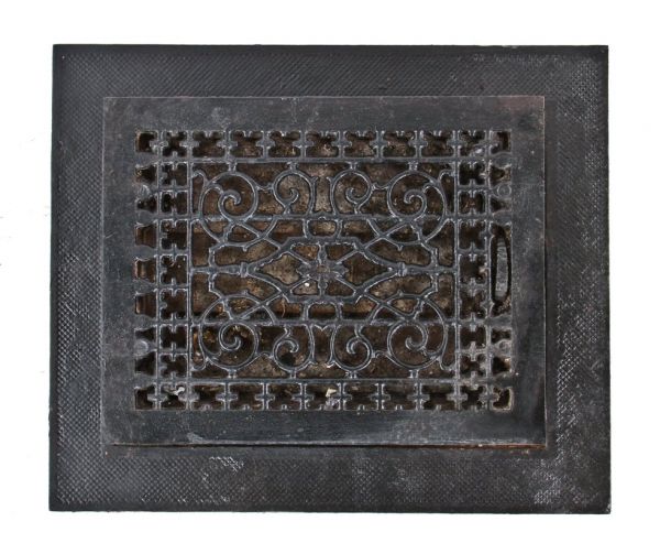 19th century original antique american interior residential ornamental cast iron flush mount floor register or grate with intact pivoting louvers and surround