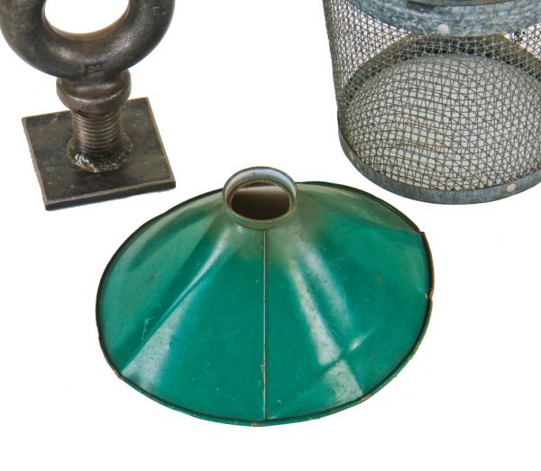 original early electric factory machine shop pendant light conical-shaped green enameled metal reflector with intact reflective white enameled underside 