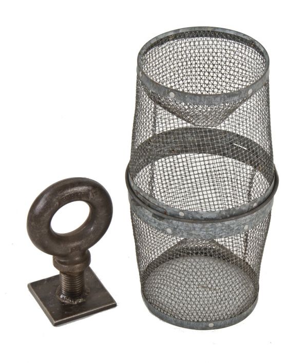 two vintage american industrial interconnected galvanized steel mesh fisherman minnow buckets reinforced on with pressed and folded hoops