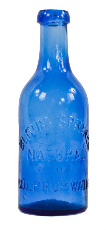 rare and completely intact vibrant cobalt blue glass pint size medicinal sulphur water bottle made for "blount springs" alabama bottlers.